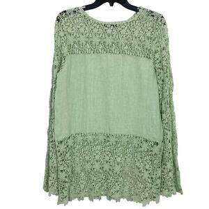 NWOT PIAZZA DEL TEMPIO Top M ITALY Linen Green Floral Crochet Long-Sleeve